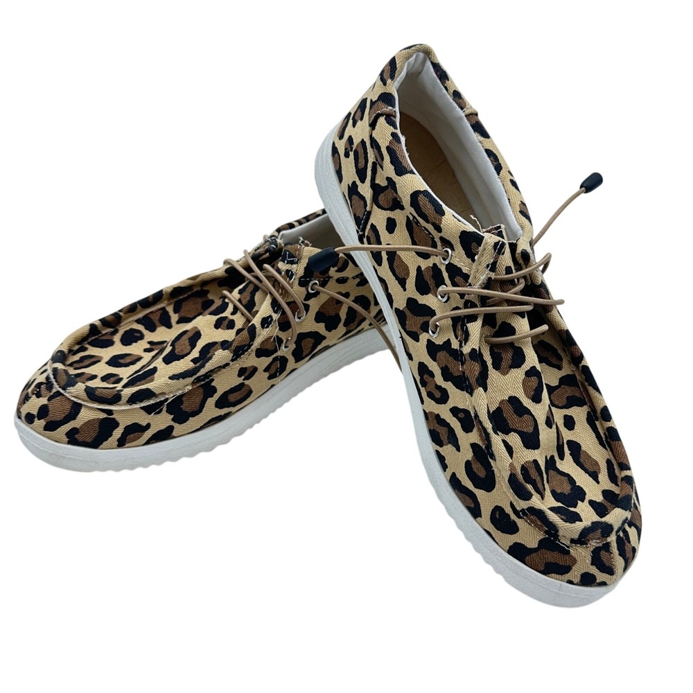 Outwoods Casual Shoes Women 10 Leopard Tan Canvas Bungee Lace Slip On Loafers
